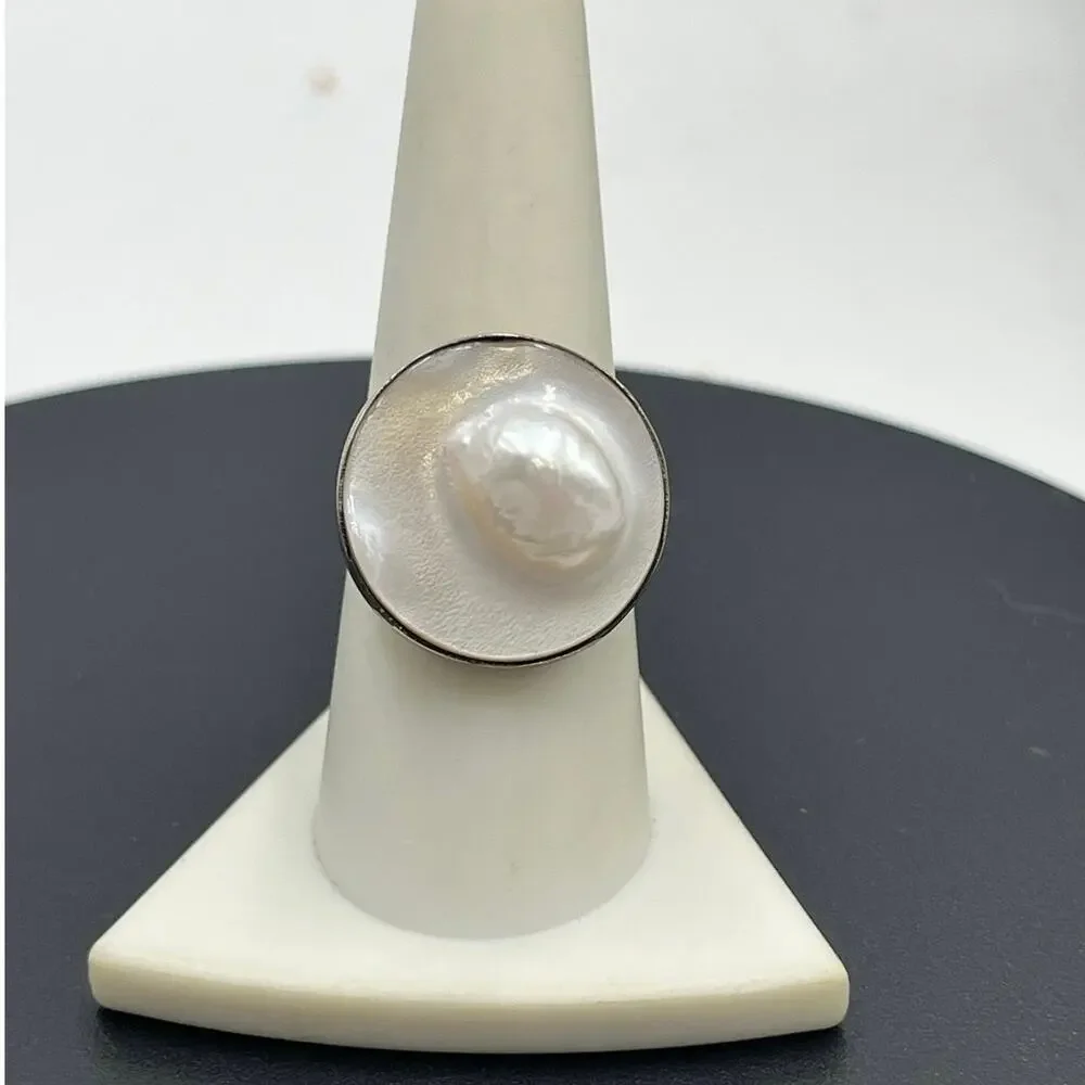 Sterling Silver Natural White Blister Pearl‎ Shell Round Ring 8.5